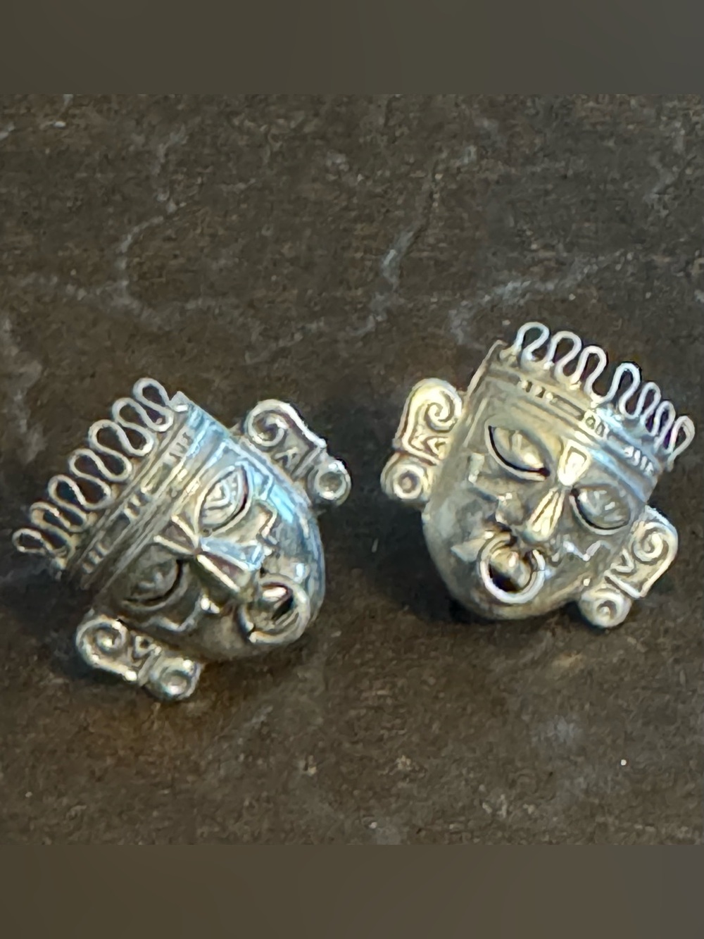 Vintage Sterling Silver Aztec Tribal Mask Screw Back Earrings